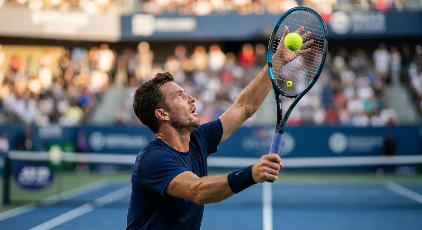 ATP-Spieler in entscheidendem Live-Moment beim Aufschlag während In-Play-Wette