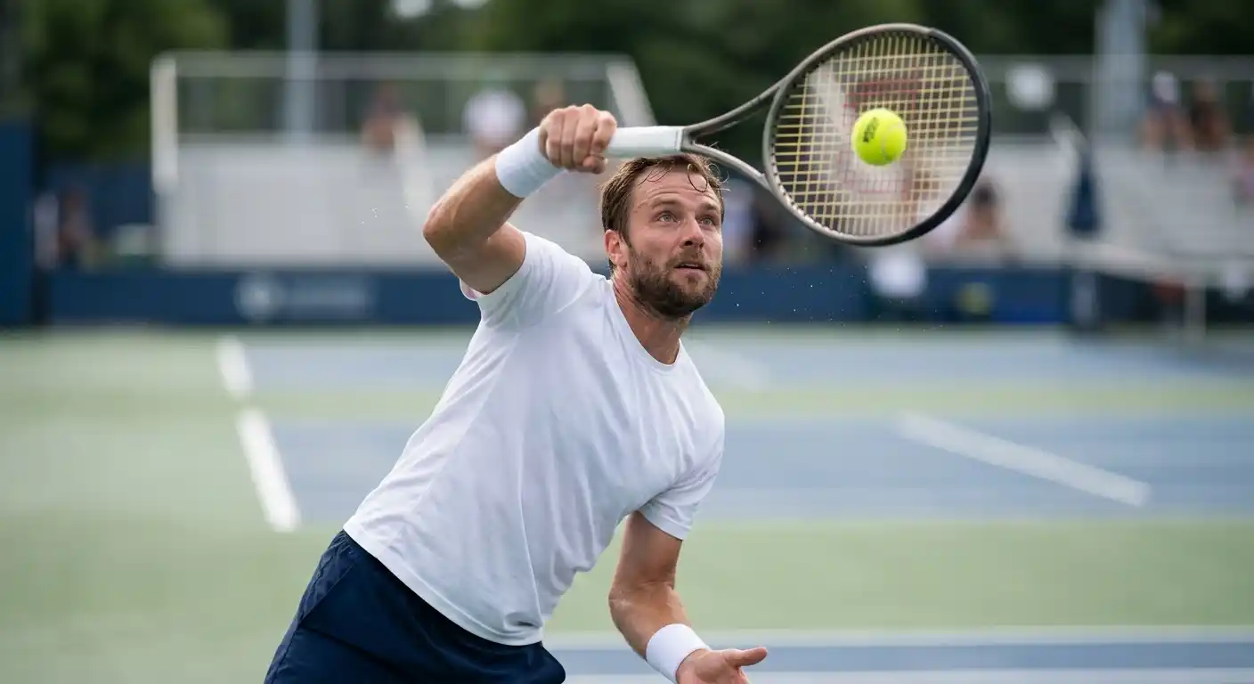Detailaufnahme eines ATP-Spielers beim ersten Aufschlag mit hochgeworfenem Tennisball