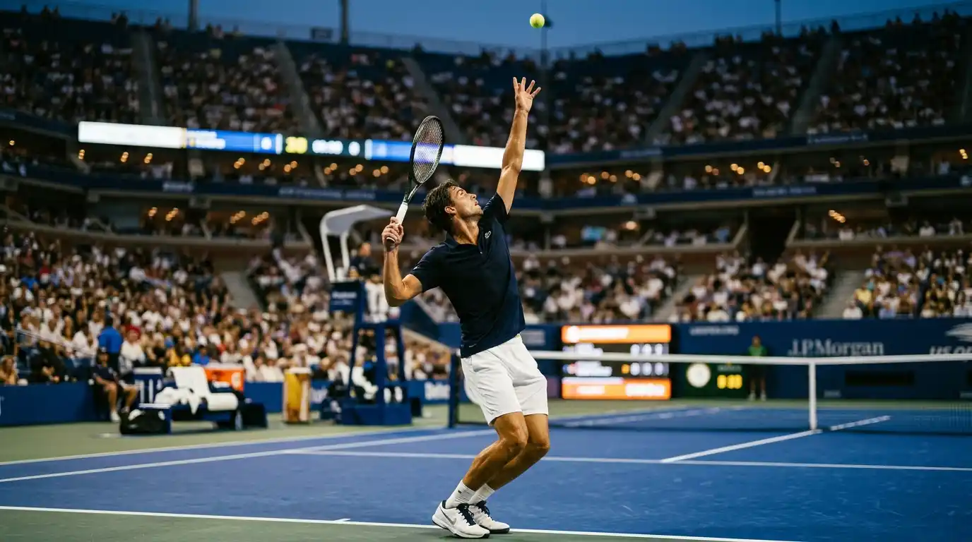 ATP-Tennisspieler beim Aufschlag im Centre Court bei Abendlicht