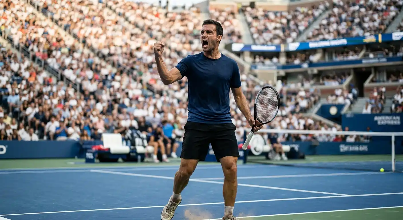 ATP-Spieler jubelt nach Break im entscheidenden Satz mit sichtbarem Momentum