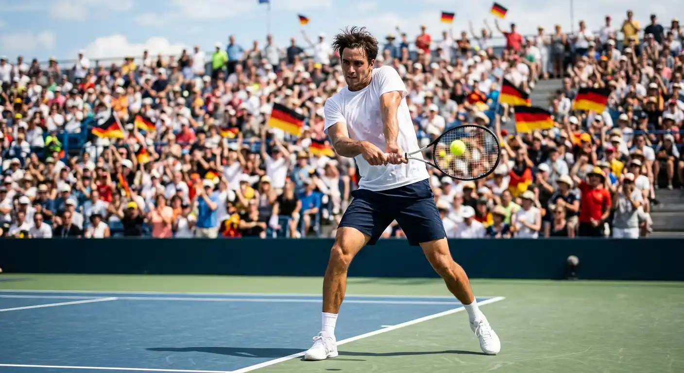 Deutscher ATP-Spieler beim Vorhand-Return vor heimischem Publikum