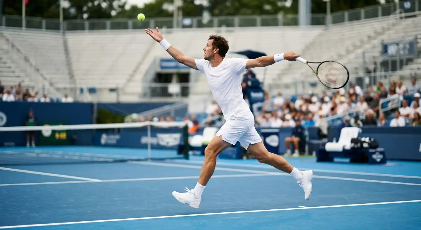 ATP-Spieler beim Aufschlag auf Hartplatz mit Fokus auf Aufschlagstatistik