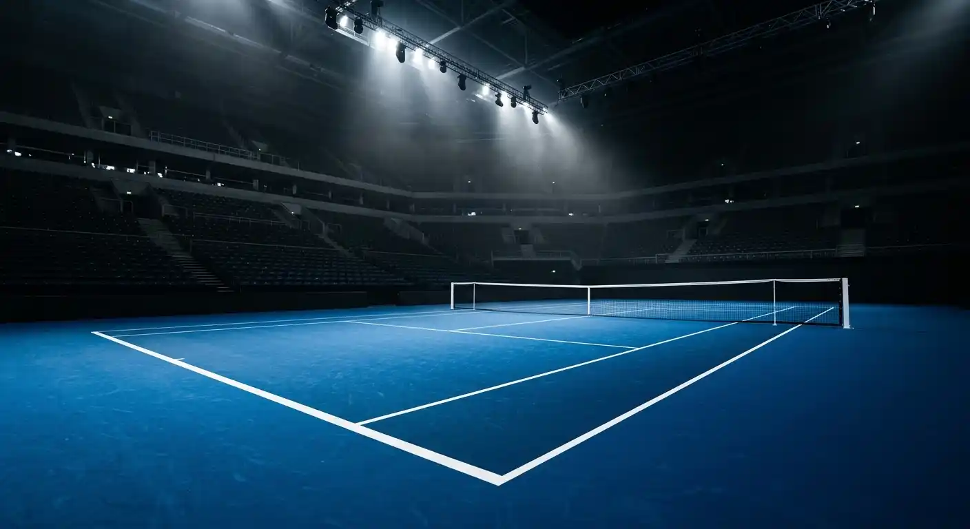 Indoor-Hartplatz unter Flutlicht mit konstanten Spielbedingungen für ATP-Matches