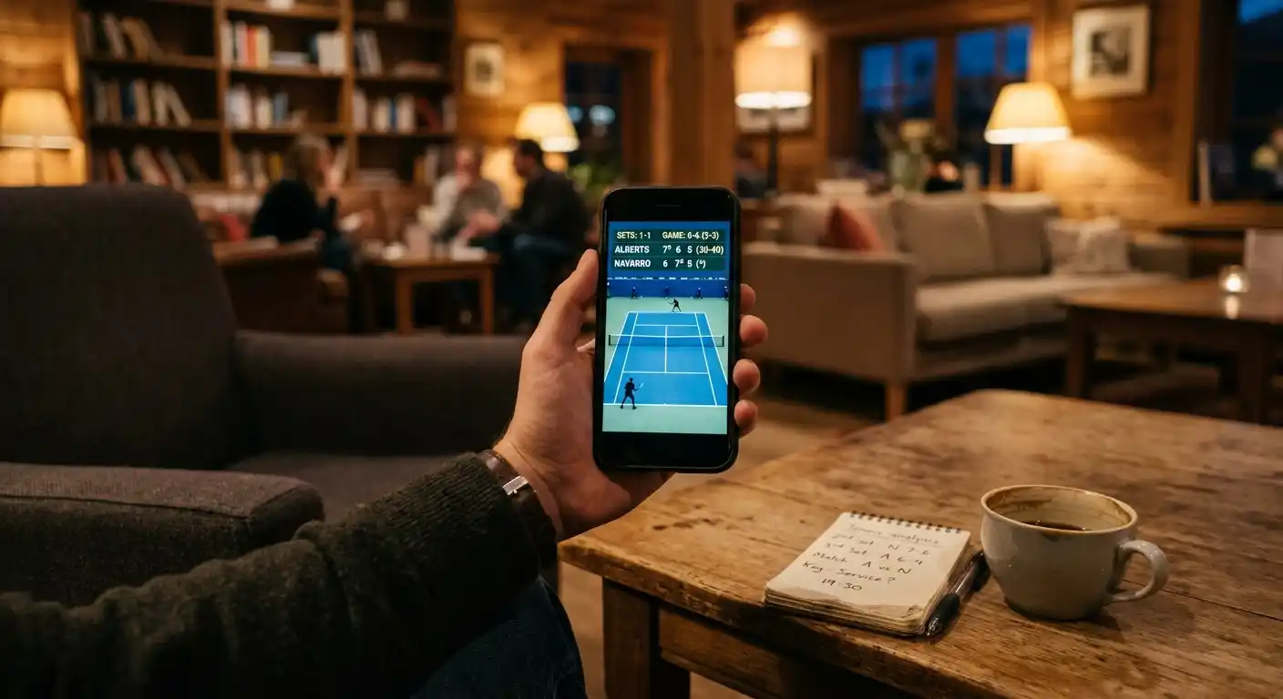 Smartphone zeigt Live-Quoten während eines laufenden ATP-Tennismatches in einer Sport-Bar