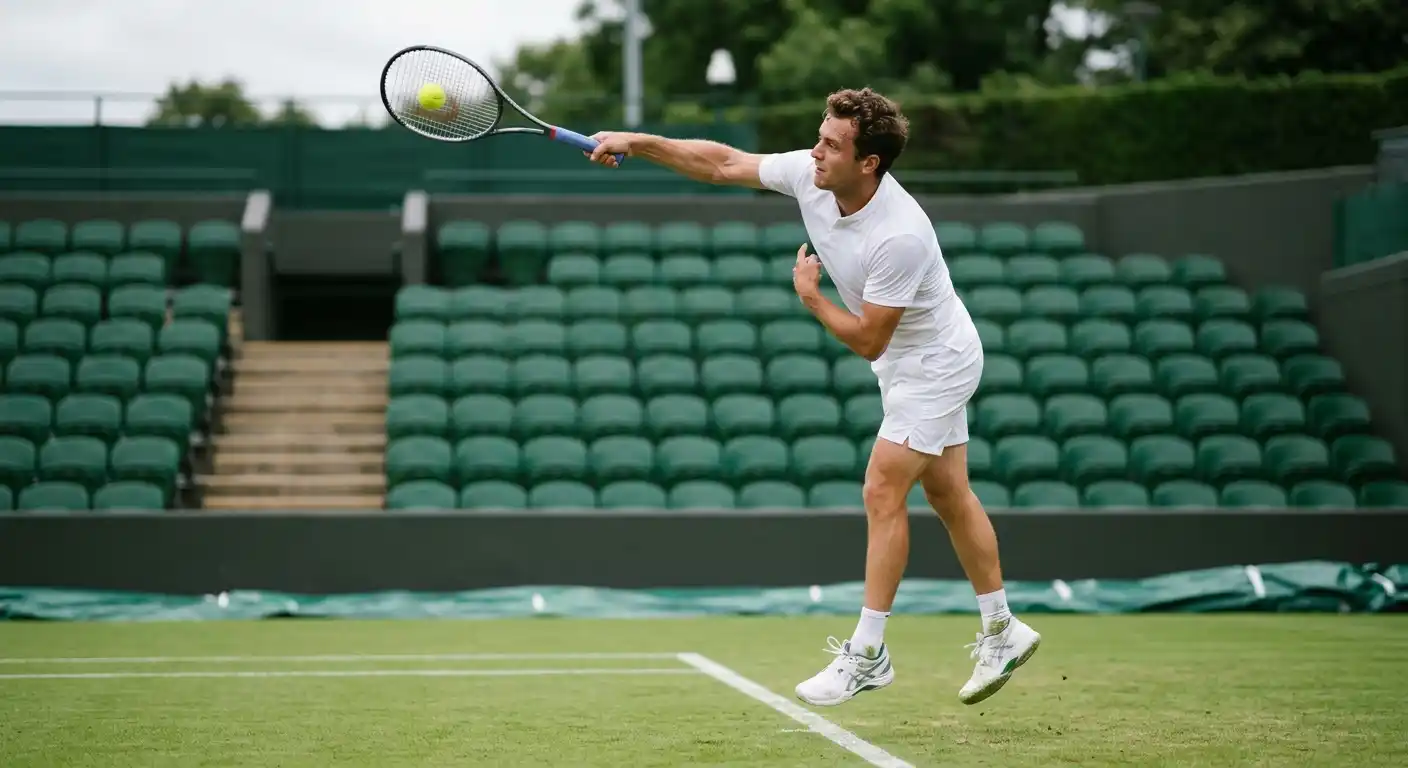 ATP-Spieler beim explosiven Aufschlag auf Rasenplatz mit flacher Flugbahn