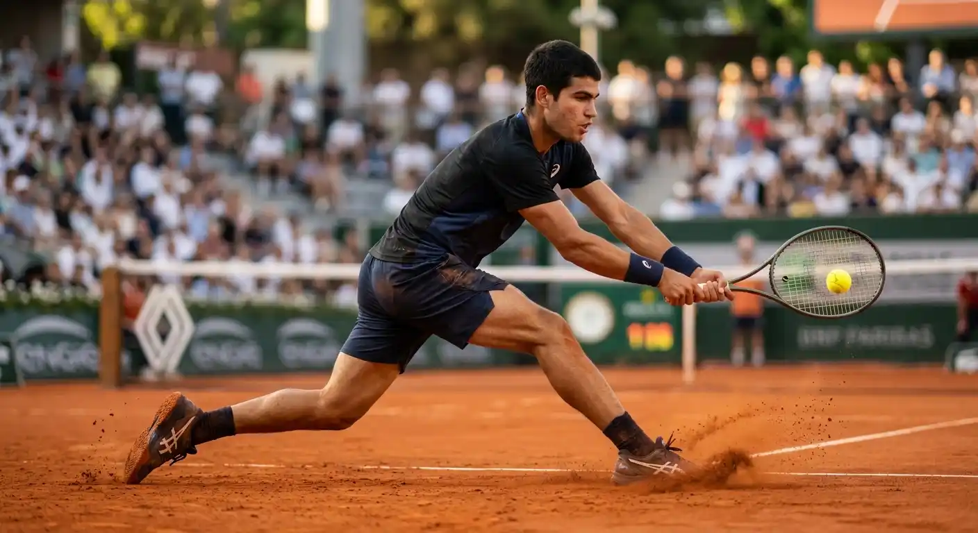 Tennisspieler rutscht auf Sandplatz während einer langen Grundlinien-Rallye