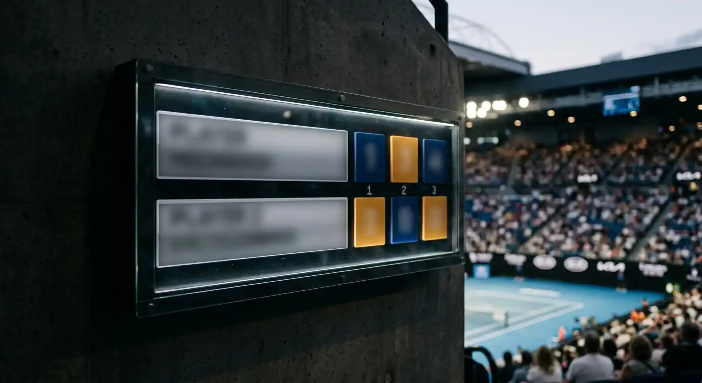 Anzeigetafel mit Satzergebnissen für ATP-Satzwetten im Tennisstadion