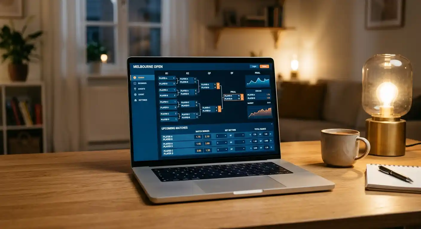 Laptop-Bildschirm mit geöffneter Sportwetten-Plattform und Tennis-Wettmärkten