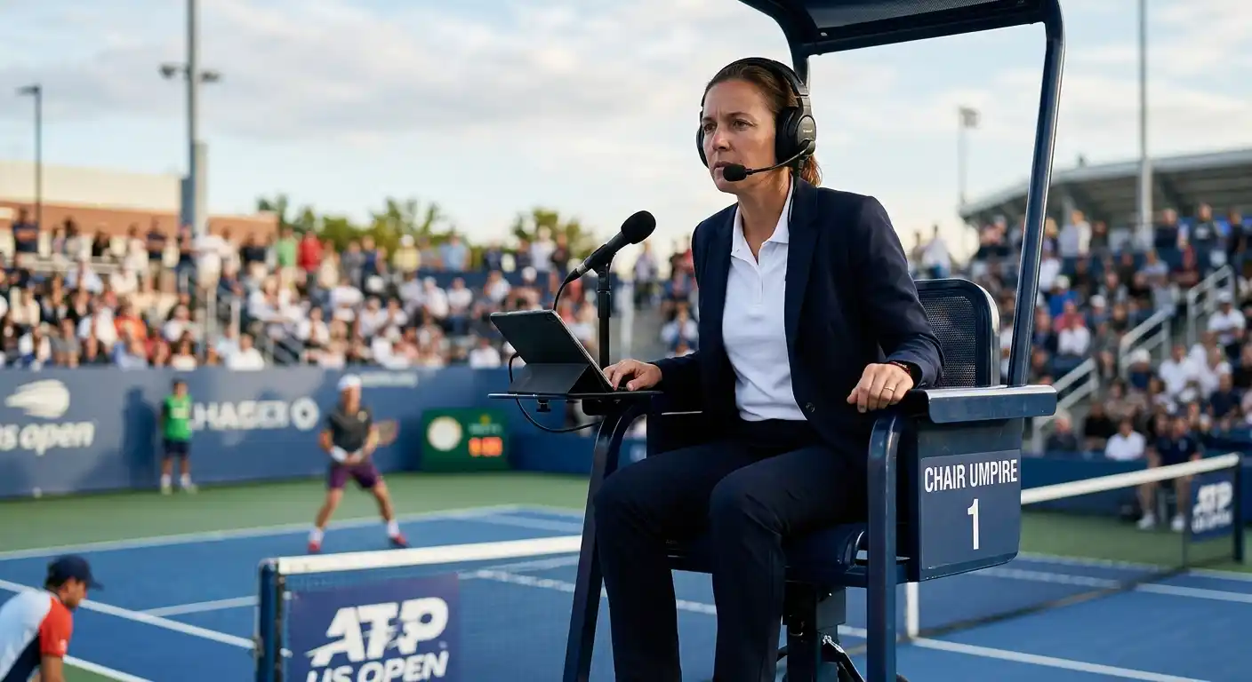 Stuhlschiedsrichter überwacht ein ATP-Match aus der erhöhten Schiedsrichterposition
