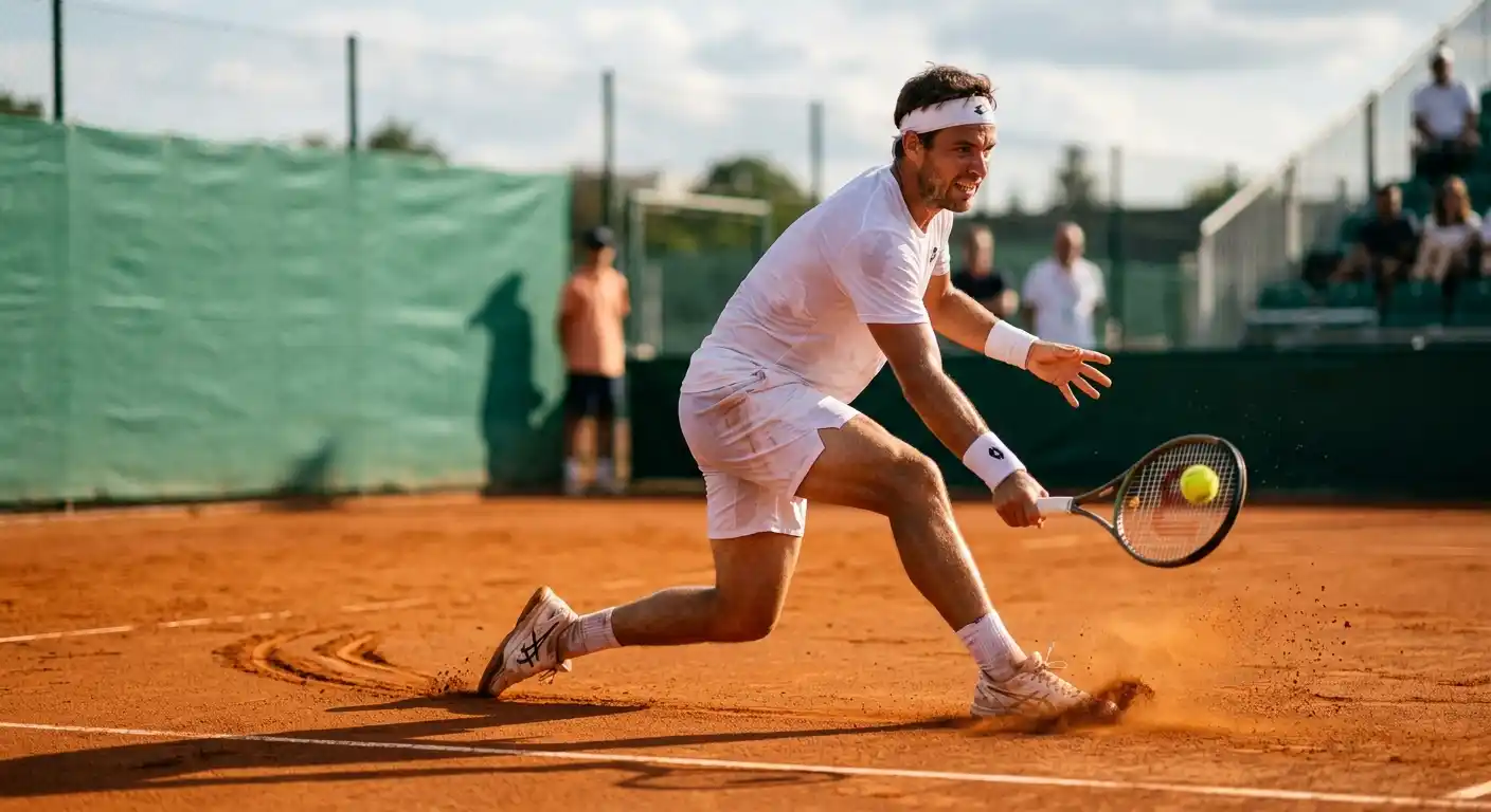 Tennisspieler im Slide auf rotem Sandplatz mit sichtbarer Belagsspur