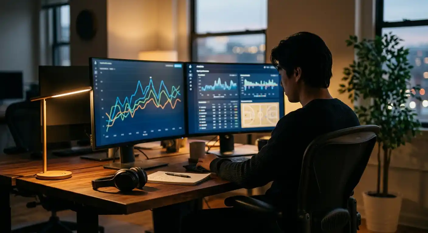 Dashboard mit Aufschlag- und Belagsstatistiken auf einem Bildschirm in einem Analytikbüro