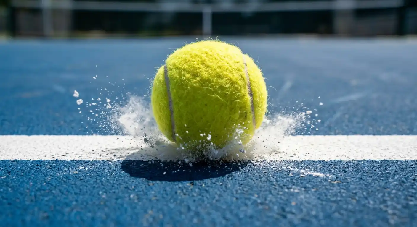 Detailaufnahme eines Tennisballs beim Aufprall auf der Grundlinie während eines ATP-Punktes